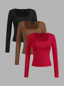 SHEIN EZwear 3pcs/Set Casual Solid Color Black, Brown, Red Long Sleeve Fitted Women T-Shirts, Suitable For Spring, Summer, Autumn, Winter Autumn And Winter,Fall Clothes For Women