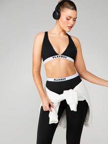Missguided x Playboy Logo 贴条深 V 领露背压缩支撑运动文胸 - 黑色 - 查看 7