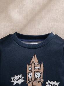 Souflis Souflis 2025 Autumn/Winter French Elegant School Bell Pattern Navy Blue Long Sleeve Top Paired With Khaki Warm Pants, Suitable For School, Gathering, Outing, Multi-Occasion Outfit, Toddler Boys Set Baby Boy Clothes Long Sleeve Baby Casual Sets Navy Infant Boys Outfit Baby Boy Long Sleeve Tshirt Baby Set Autumn Winter Fall - Navy Blue - View 8