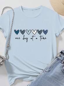EMERY ROSE Love Letter Slogan Round Neck Short Sleeve Plus Size T-Shirt - Dusty Blue - View 3