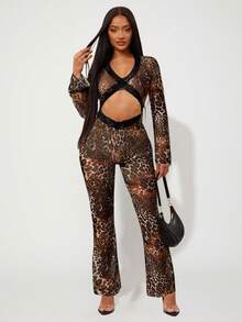 Radiana Bộ đồ liền thân hở lưng cổ chữ V phối ren họa tiết da báo gợi cảm dành cho nữ - Nhiều màu - Xem 3