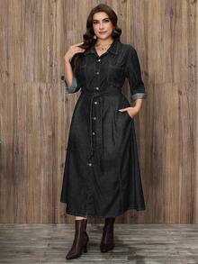 EMERY ROSE 大码女士优雅系带牛仔连衣裙