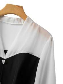 GlowEve CURVE 大码女士优雅撞色长袖衬衫和裤子两件套，适合工作场合 - 黑與白 - 查看 3