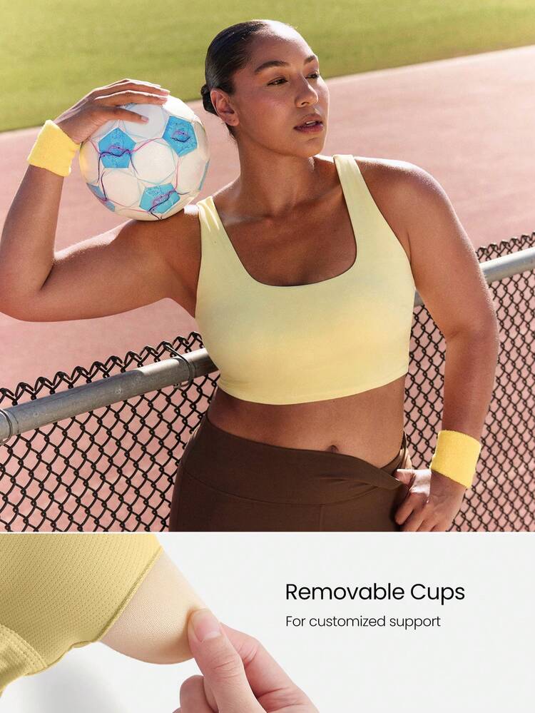 FeatherFit™-Sculpt Sujetador deportivo de cuello cuadrado con copa extraíble, espalda con nudo, de tela elástica y suave, para talla grande, de bajo impacto, para yoga, estudio y uso diario casual