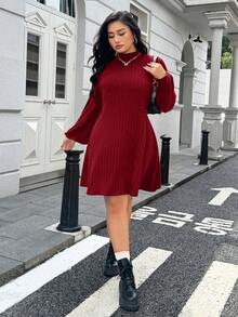 SHEIN EZwear Plus Size Women's Mandarin Collar Lantern Sleeve Ribbed Casual Wine Red Dress Autumn/Winter,Christmas,New Year,Thanksgiving,Party,Wedding,Beach,Graduati,Chic,Elegant,Casual,Going Out,Date,Appointment,Commute Sweater Dress Red Long Sleeve Dress Ribbed Dress Winter Dress Red Casual Dress