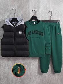 SHEIN 3pcs/Set Kids/Tween Boys Casual Street Style Letter Print Graphic Crew Neck Loose Knit Sweatshirt, Knit Pants, Quilted Padded Vest, Suitable For School, Garden, Beach, Birthday, Spring, Summer, Autumn, Winter