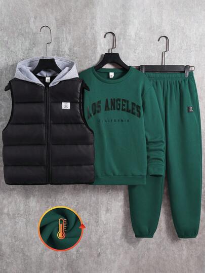 SHEIN 3pcs/Set Kids/Tween Boys Casual Street Style Letter Print Graphic Crew Neck Loose Knit Sweatshirt, Knit Pants, Quilted Padded Vest, Suitable For School, Garden, Beach, Birthday, Spring, Summer, Autumn, Winter