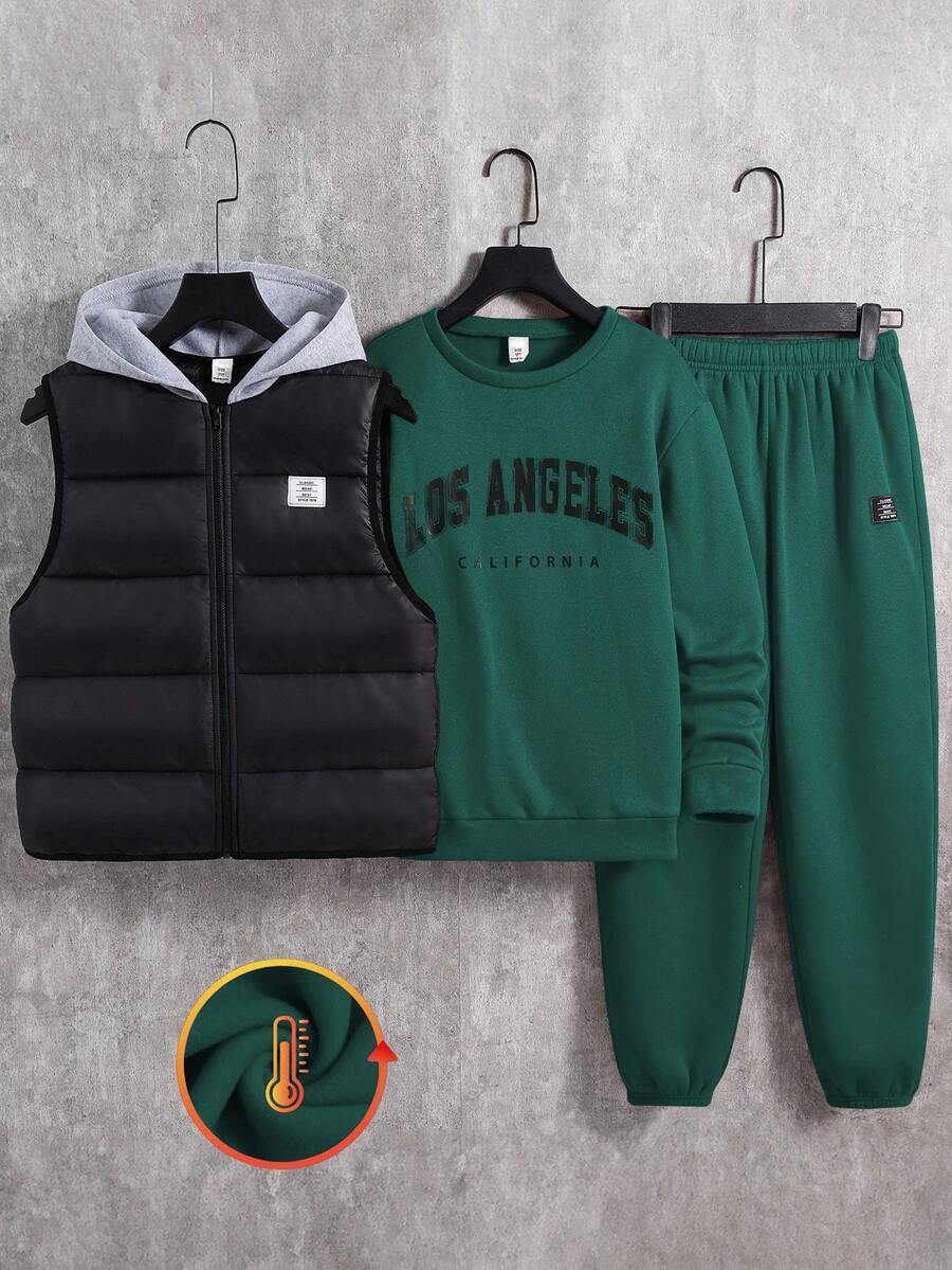 SHEIN 3pcs/Set Kids/Tween Boys Casual Street Style Letter Print Graphic Crew Neck Loose Knit Sweatshirt, Knit Pants, Quilted Padded Vest, Suitable For School, Garden, Beach, Birthday, Spring, Summer, Autumn, Winter