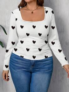 EMERY ROSE Camiseta de cuello de pico holgada con estampado de corazón para mujeres de talla grande - Multicolor - Ver 4