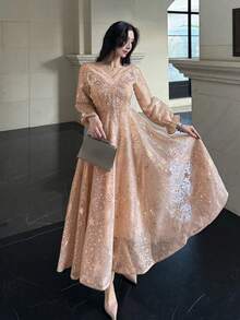 DAZY 优雅长款正式礼服，高端奢华精致优雅女士嘉年华礼服 - 杏色 - 查看 3