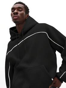 SUMWON 男女通用宽松连帽套头衫，经典休闲厚款卫衣，带中央口袋和白色滚边细节，纯色 - 黑色 - 查看 3