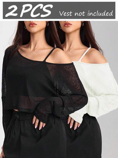 Velisys 2件装女士时尚宽松露肩长袖运动T恤，适合健身、跑步、户外活动、春夏穿着