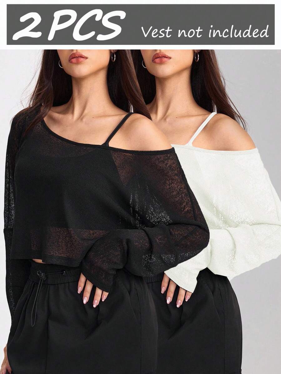 Velisys 2件装女士时尚宽松露肩长袖运动T恤，适合健身、跑步、户外活动，春夏网眼上衣，女士上衣 - 彩色 - 查看 1