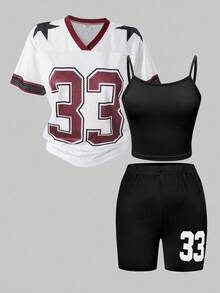 SHEIN Explorewe Bộ 2 áo nỉ lưới in họa tiết cho bé gái tuổi teen và áo hai dây ôm sát kèm quần short ôm sát - Nhiều màu - Xem 3