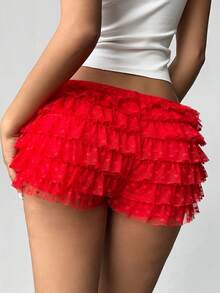Aloruh Quần short ren trái tim siêu ngắn màu đỏ gợi cảm dễ thương lãng mạn dành cho nữ ngày lễ tình nhân cạp thấp nhiều lớp viền xếp nếp - Đỏ - Xem 2
