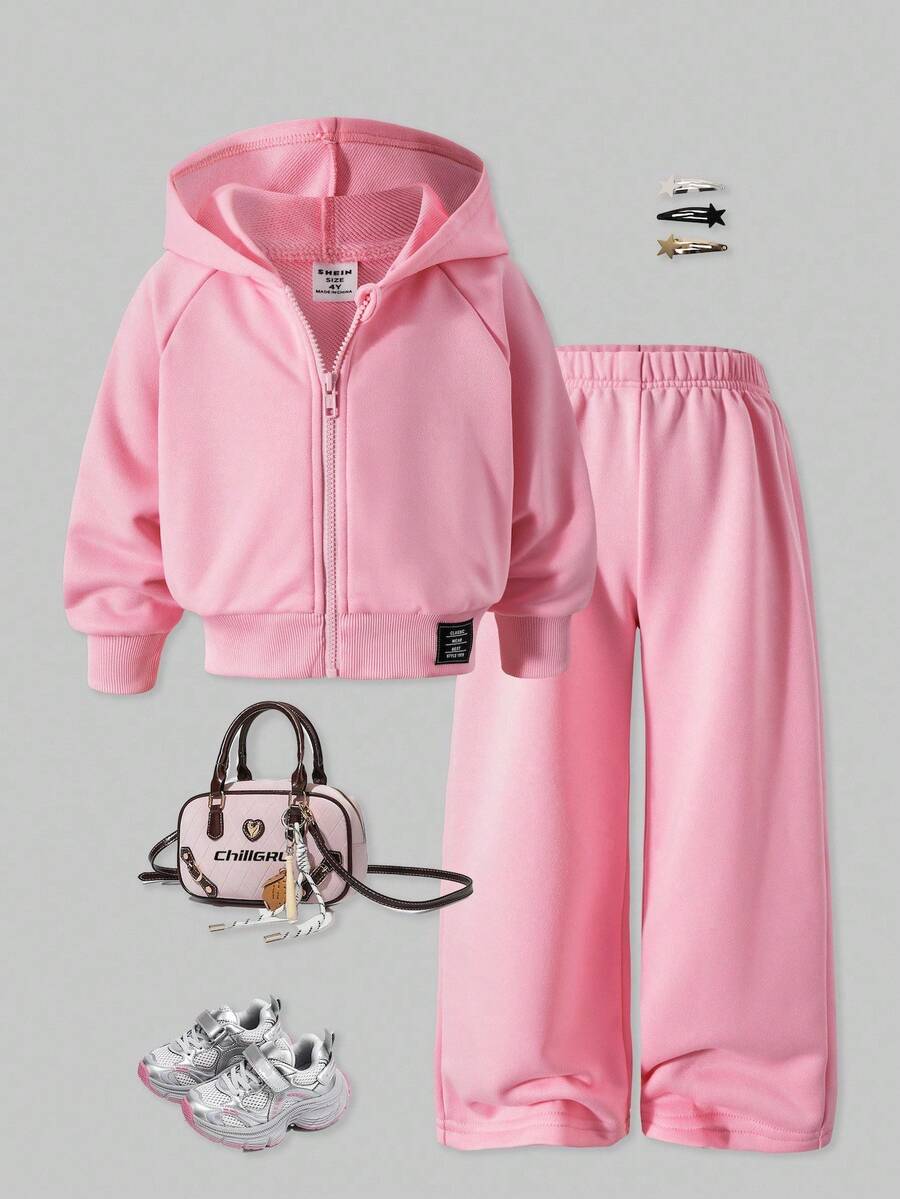 SHEIN ChillGRL Streecool Young Girl Casual College Style Young Girl Versatile Small Logo Hooded Loose Fit Zip-Up Sweatshirt And Wide Leg Sweatpants Set, Suitable For Casual And Sports Fall Winter