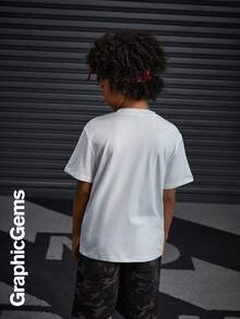 SHEIN Coolqubz Tween Boy Casual Fashion Printed Round Neck Knit T-Shirt - White - View 2