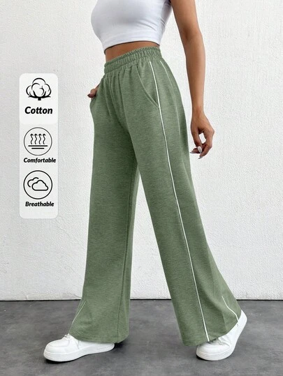 EURMUSE Cotton Jogging Bottoms With Plain Slanted Pockets, Wide Leg Cut