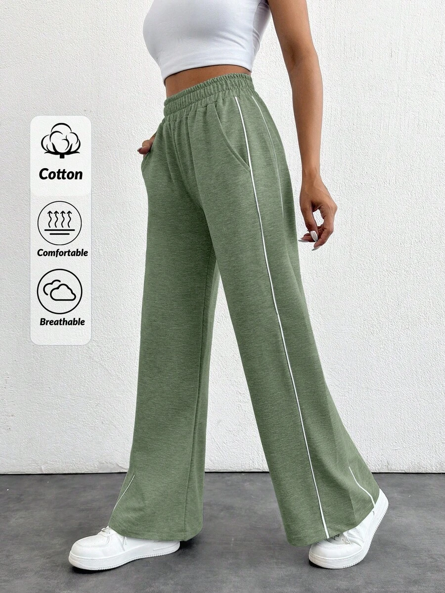 EURMUSE Cotton Jogging Bottoms With Plain Slanted Pockets, Wide Leg Cut - Mint Green - View 1