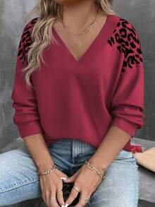 EMERY ROSE Women's V-Neck Layered Leopard Print Long Sleeve Plus Size Sweatshirt, Autumn/Winter - Burgundy - View 3
