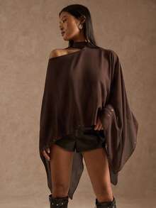 SHEIN BAE 女士棕色波西米亚度假风雪纺飘逸时尚不对称铆钉披肩上衣/金属铆钉上衣/薄纱上衣/沙滩上衣/女士休闲衬衫/度假/棕色上衣 - 鏽棕色 - 查看 4