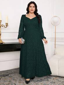 Modelyn Plus Size Women Sweetheart Neck Lace Lantern Sleeve Ruched Waist Elegant Dress Fall - Dark Green - View 1