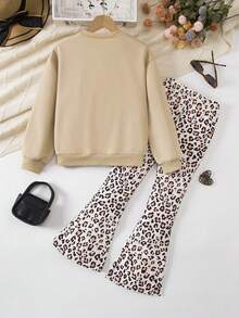 2pcs/Set Tween Girls Casual Leopard Print 3D Bow Decor Long Sleeve Thick Sweatshirt And Flared Pants Set, For Home & School - Apricot - View 3