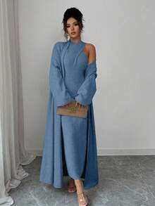 Elenzga Conjunto de punto minimalista de diseño de nicho con cuello cruzado de unicolor elegante, vestido ajustado de cuello halter, cárdigan largo de unicolor de estilo vintage minimalista, adecuado para ir al trabajo y salir - Azul - Ver 6