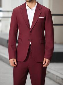 Manfinity Bizformal 商务休闲修身精致酒红色男士西装套装 - 酒紅色 - 查看 3