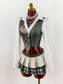 Amplova Bộ 3 món dành cho nữ gồm áo sơ mi kẻ caro, áo vest kẻ caro và chân váy mini kẻ caro chắp vá, gợi cảm và tiên phong, thích hợp mặc hàng ngày - Nhiều màu - Xem 3