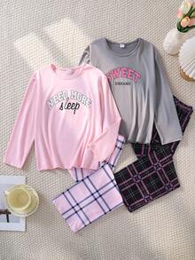 SHEIN 4pcs Girls Letter Print Long Sleeve Top + Plaid Pants Casual Homewear Set Soft Pajamas Set Tween Girls Pajamas-Pajama Set Pink And Gray Letter Print Round Neck Long Sleeve Top With Plaid Pants Cozy Loungewear Four Season Sleepwear 2026 New Year Essential - Multicolor - View 1