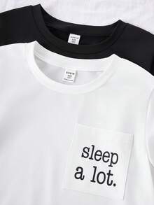 男童休闲字母格子印花长袖上衣和裤子四件套舒适睡衣套装 - 黑與白 - 查看 5