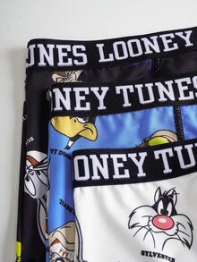 LOONEY TUNES X SHEIN Tween Boy 3pcs Cartoon Letter Print Contrast Letter Tape Waist Stitch Detail Trunks