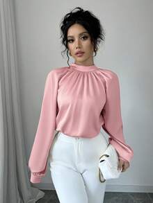 SHEIN Clasi 休闲优雅立领插肩袖宽松缎面衬衫 - 粉色 - 查看 3