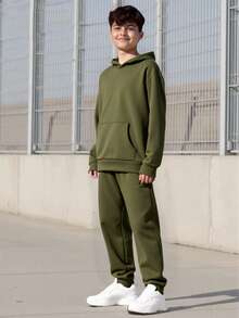 Vacaura 2pcs/Set Teenage Boys Thickened Hooded Dropped Shoulder Sweatshirt And Casual Sports Drawstring Pants Outfit