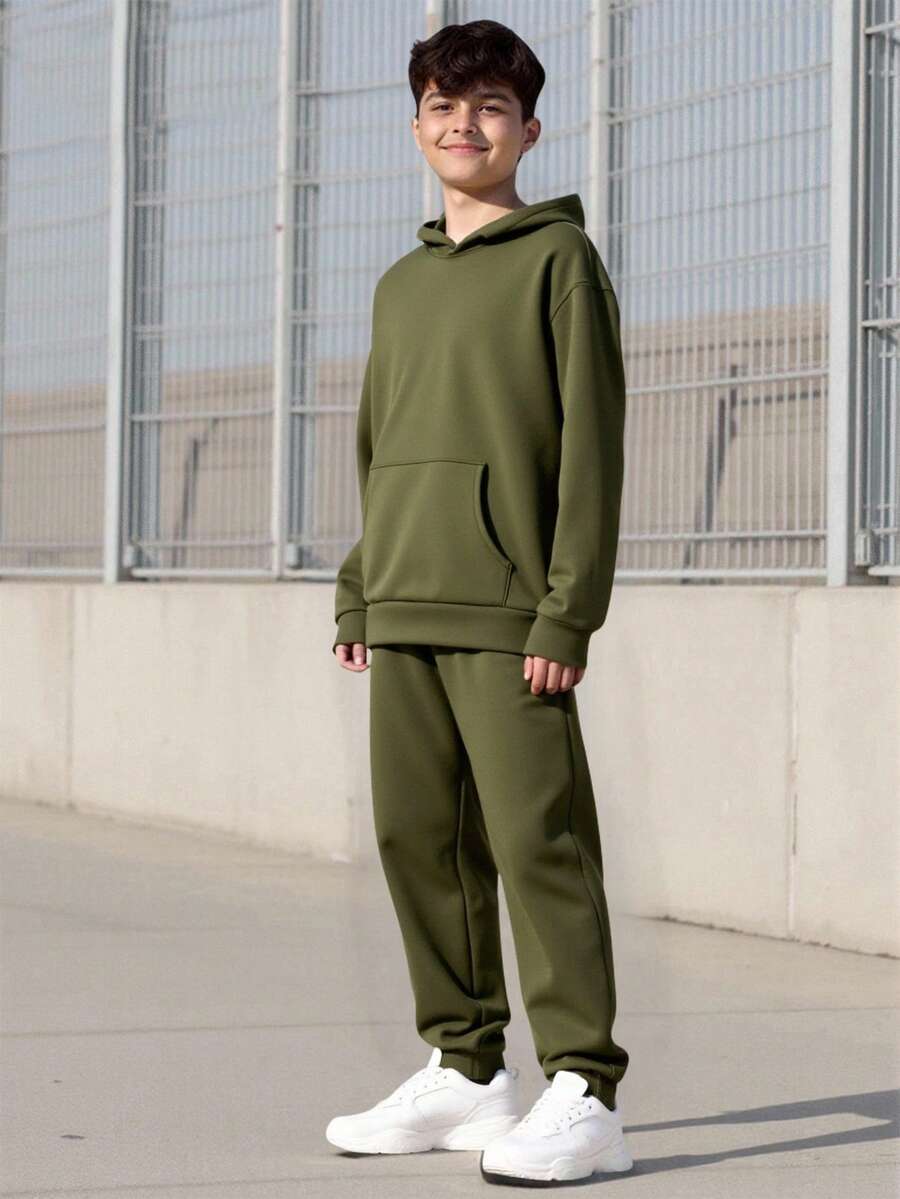 Vacaura 2pcs/Set Teenage Boys Thickened Hooded Dropped Shoulder Sweatshirt And Casual Sports Drawstring Pants Outfit