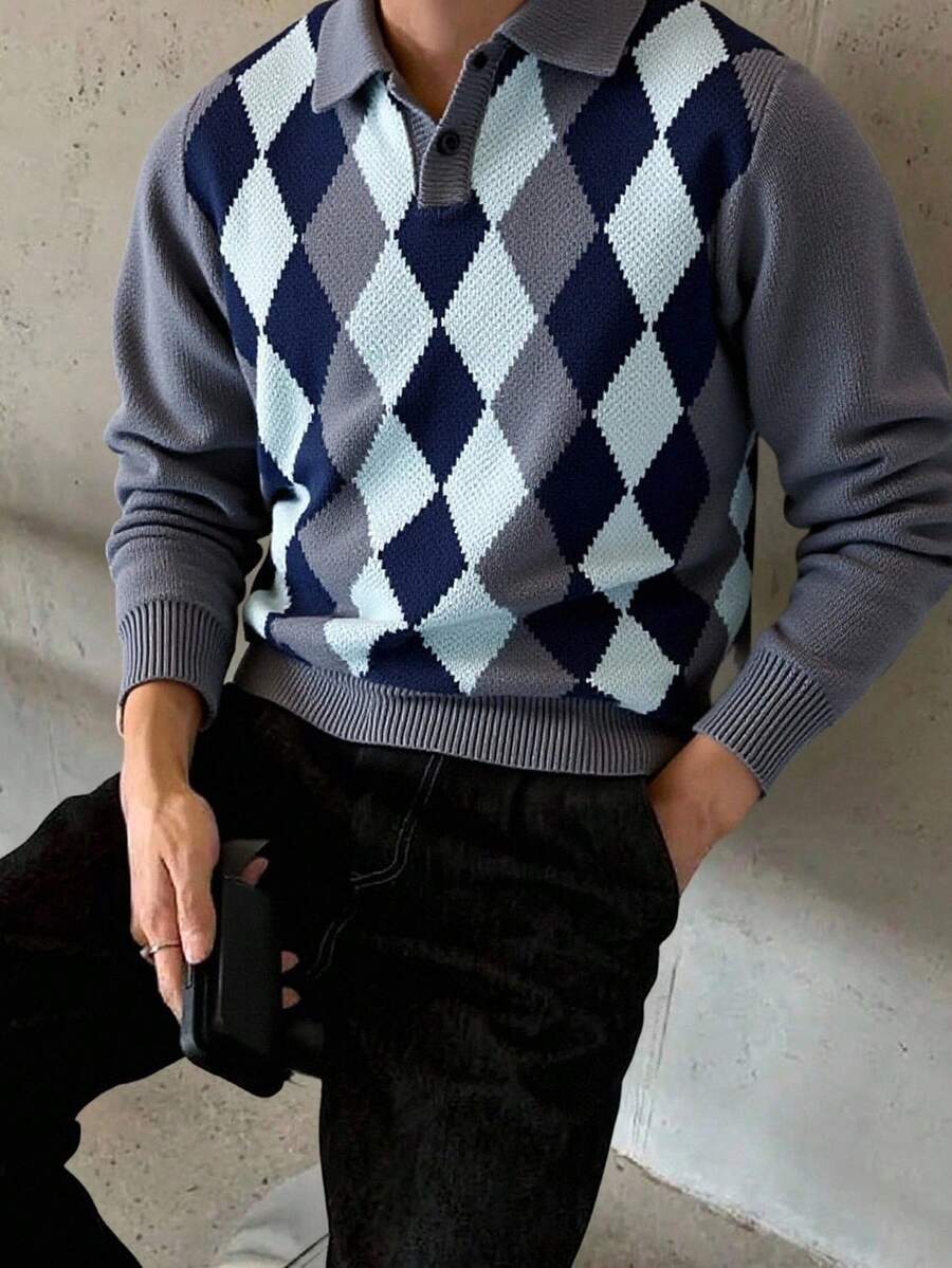 Manfinity Homme Men's Casual Rhombus Pattern Polo Collar Loose Knit Sweater, Suitable For Work, School, Autumn/Winter Men Sweater Top Mens Jumpers Men Knit Tops Men Pullover Jumper For Men