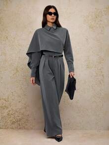 SHEIN Tall 2 件套女式高腰收腰中长款西装外套（带斗篷袖） - 灰色 - 查看 6