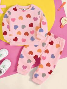 两件套女童爱心印花圆领长袖针织卫衣，爱心印花打底裤套装，适合4-7岁女童日常休闲室内外穿着，秋冬春季皆宜。 - 彩色 - 查看 3