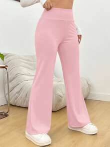 SHEIN PETITE CURVE 大码高腰休闲纯色喇叭裤 - 粉色 - 查看 3