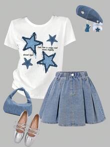 SHEIN ChillGRL 2pcs/Set Tween Girls Summer White Loose Short Sleeve Star Print Top & Pleated Denim Skirt Outfit - Multicolor - View 4
