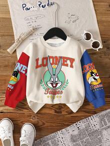 LOONEY TUNES X SHEIN 男童休闲时尚街头卡通字母图案撞色落肩宽松套头卫衣 - 白色 - 查看 1