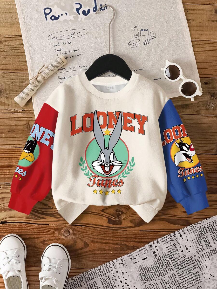 LOONEY TUNES X SHEIN 男童休闲时尚街头卡通字母图案撞色落肩宽松套头卫衣 - 白色 - 查看 1