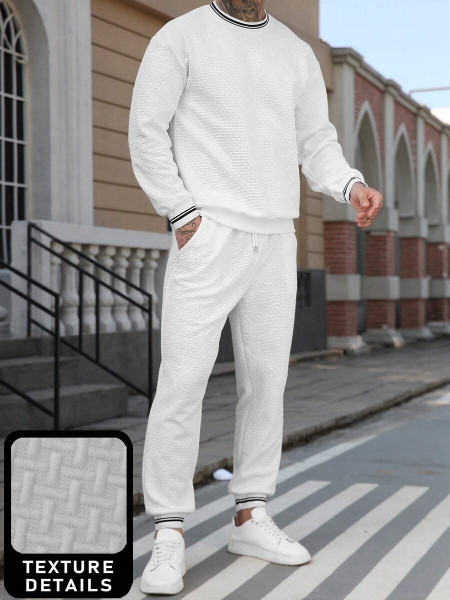 Manfinity Homme 男士针织罗纹白色纹理面料圆领卫衣套装，冬季款 - 白色 - 查看 1