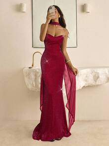 Vowa Vintage Grecian Style Pleated Waist Fitted Bodycon Dress With Ruffle Collar,Suitable For Afternoon Tea,Cocktail Parties,Business Events And Weddings - Burgundy - View 3
