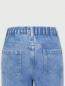 SHEIN Explorewe Jeans de pierna ancha y suelta con estampado de moda, efecto desgastado, lavado azul medio para niñas preadolescentes - Azul lavado medio - Ver 5