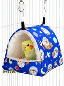 1件卡通印花毛绒全覆盖三角吊床睡袋，适用于鹦鹉、仓鼠、小型宠物鸟类，秋冬季适用 - 藍色刺蝟 - 查看 1