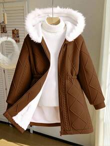 SHEIN 少女休闲百搭多功能保暖毛领中长连帽针织外套，适合上学和日常穿着，秋冬季 - 棕色 - 查看 5