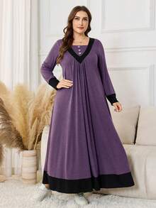Lacomfia Plus Size Color Block Loose A-Line Dress With Decorative Buttons - Purple - View 1