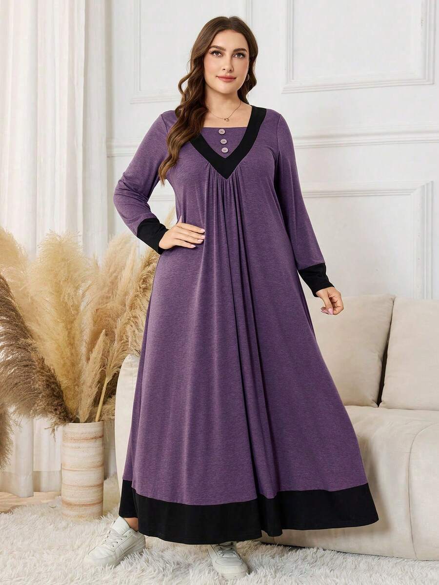 Lacomfia Plus Size Color Block Loose A-Line Dress With Decorative Buttons - Purple - View 1
